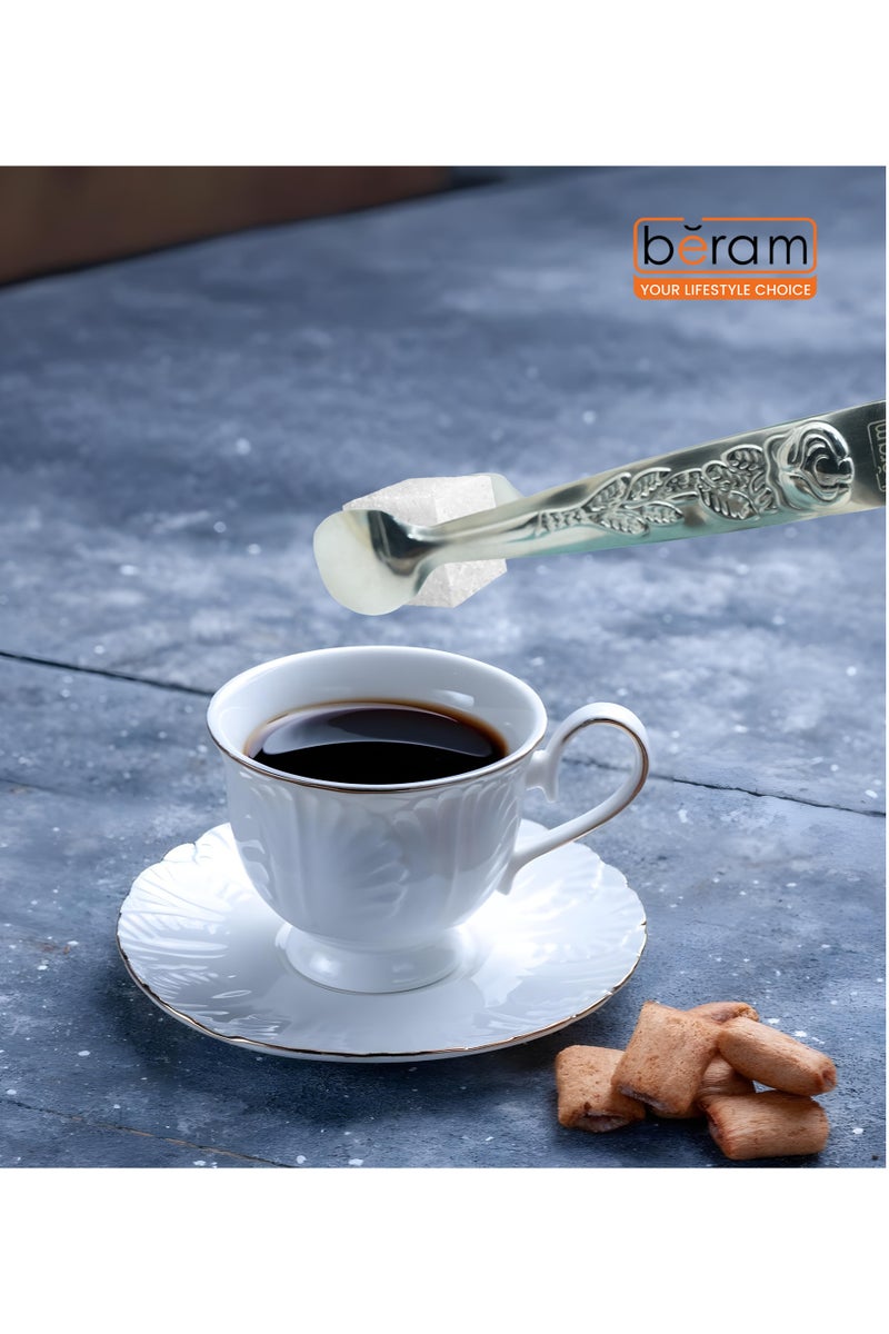 بيرام ملقط سكر بيرم - ملقط صغير من الفولاذ المقاوم للصدأ لمكعبات السكر والثلج والوجبات الخفيفة وحفلات الشاي - متين ومقاوم للصدأ (2، فضي، تصميم المقبض) - Image 3