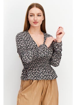 In the style Women Plunging Neck Ruffle Sleeve Floral Print Blouse Top, Multicolor  - Image 1