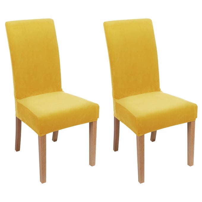 VELVET STRETCH CHAIR COVERS FOR DINING ROOM SET OF 2 SOFT FIT REMOVABLE WASHABLE KITCHEN PARSONS CHAIR SLIPCOVER PROTECTOR MUSTARD YELLOW