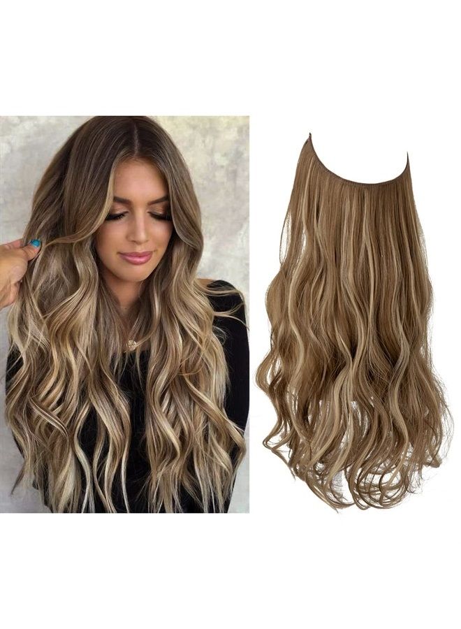 SARLA إضافات شعر خفية بأسلاك غير مرئية هايلايت بالياج مموجة ومجعدة طويلة من شعر صناعي مع رباط رأس قابل للتعديل للنساء بدون مشبك 18 بوصة بني متوسط/بلوند رمادي - Image 1