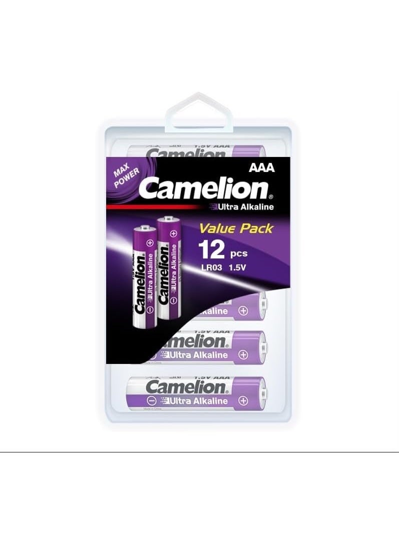 كاميليون Camelion Ultra Alkaline AAA Batteries, 12-Pack Value Pack, LR03 1.5V Long Lasting Batteries, Leak-Proof, 10-Year Shelf Life, Mercury & Cadmium Free for Toys, Cameras & Electronics - Image 1