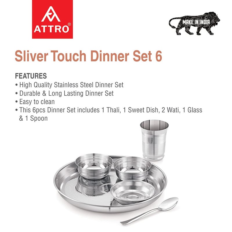 Attro Stainless Steel Silver Touch Finish Dinner Set of 1 Thali, 1 Plate, 2 Bowl, 1 Glass, 1 Spoon (Thali Diameter 12 inch) - Set of 6, Standard - Image 3