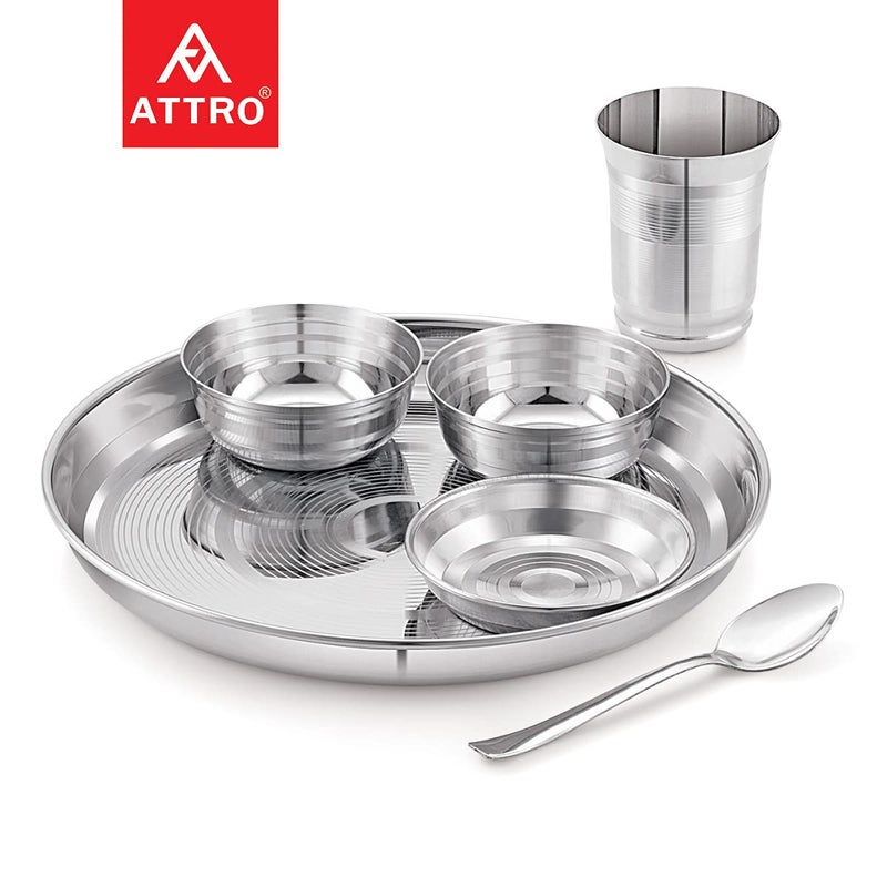 Attro Stainless Steel Silver Touch Finish Dinner Set of 1 Thali, 1 Plate, 2 Bowl, 1 Glass, 1 Spoon (Thali Diameter 12 inch) - Set of 6, Standard - Image 2