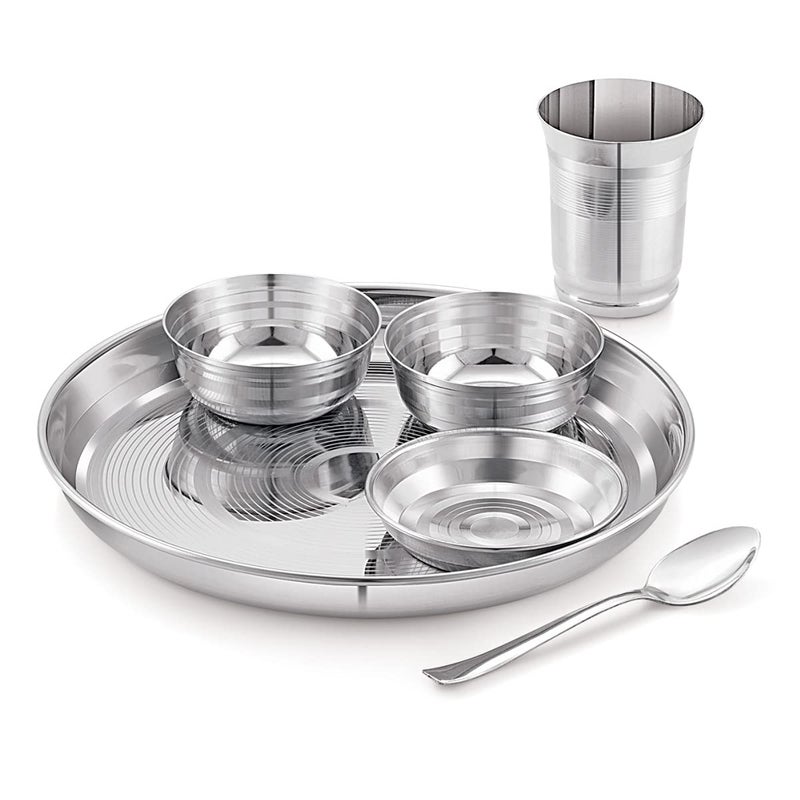 Attro Stainless Steel Silver Touch Finish Dinner Set of 1 Thali, 1 Plate, 2 Bowl, 1 Glass, 1 Spoon (Thali Diameter 12 inch) - Set of 6, Standard - Image 1