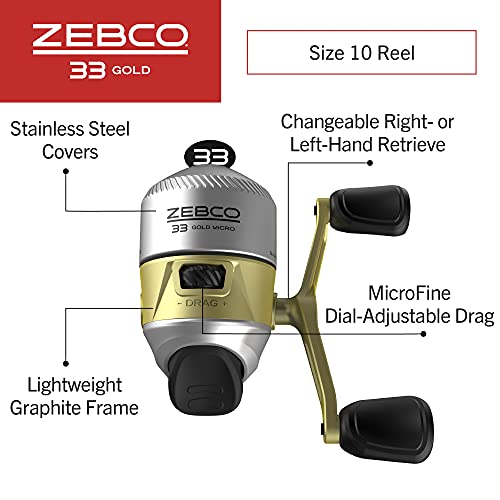 Zebco 33 Gold Micro Spincast Fishing Reel Size 10 Reel Changeable Right or LeftHand Retrieve Durable AllMetal Gears PreSpooled with 4Pound Zebco Cajun Line SilverGold Clam Packaging - Image 3
