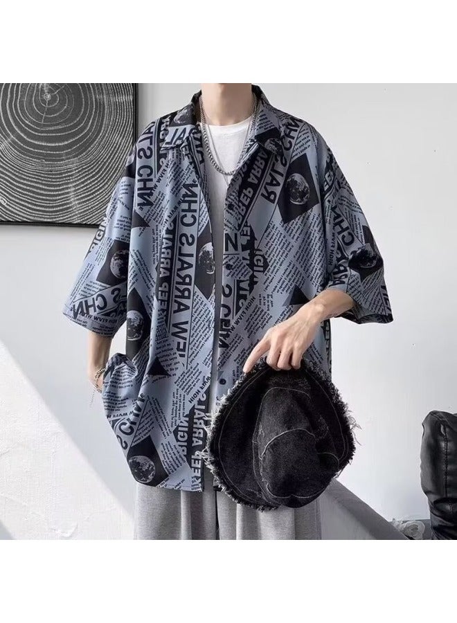Quarter-sleeve Standard Hong Kong Style Shirt Men's Trendy Versatile Loose Men's Newspaper Shirt Summer Trendy British Style