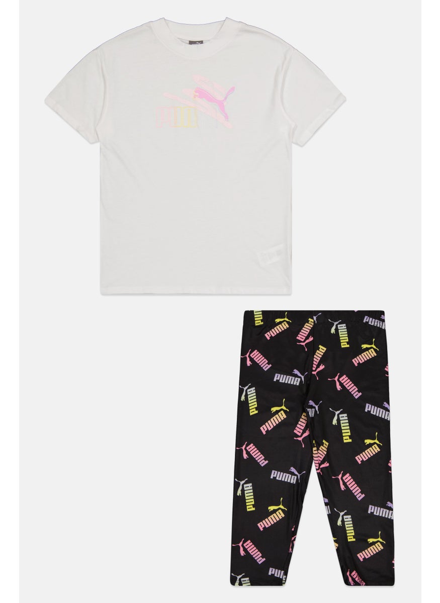 PUMA Kids Girl 2 Pcs Sportswear Fit Top And Legging Set, White/Black  - Image 1