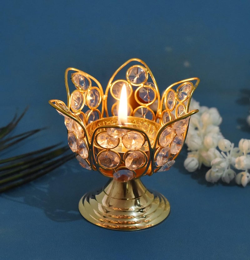 Evisha Evisha Lotus Shape Golden Brass Reflecting Light Diya for Home DecorGiftingFestival Lightning