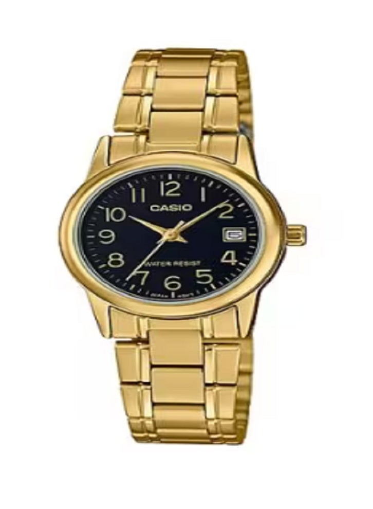 ساعة كاسيو النسائية التناظرية باللون الذهبي مع ميناء أسود - سوار أنيق من الفولاذ المقاوم للصدأ، مقاومة للماء