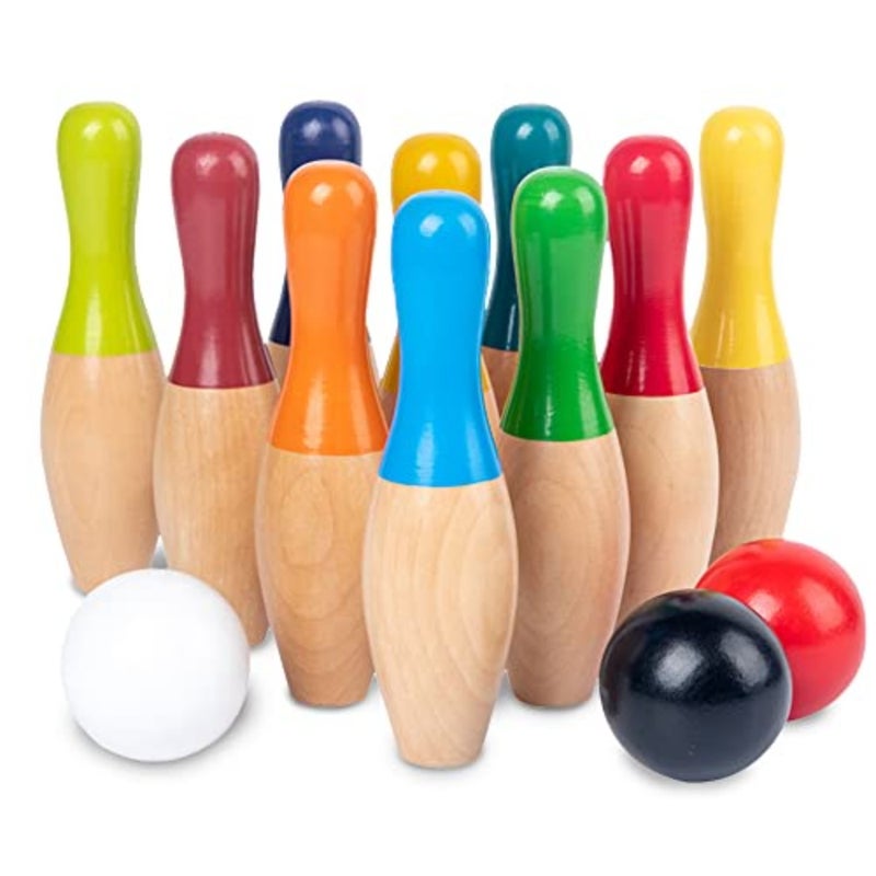 Wooden Lawn Bowling Set Backyard Bowling Pins Outdoor And Indoor Family Game For Teens Includes 10 Wooden Pins 3 Balls Drawstring Bag