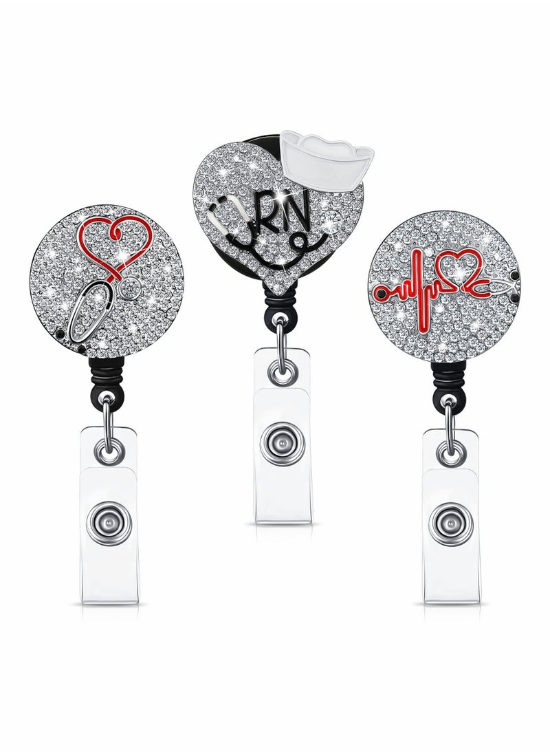 Y&D Nurse Badge Reel, 3 Pieces Retractable Holder with Swivel Alligator Clip Bling Rhinestone ID for Doctor Teachers Students Stethoscope (Silver)  - Image 1