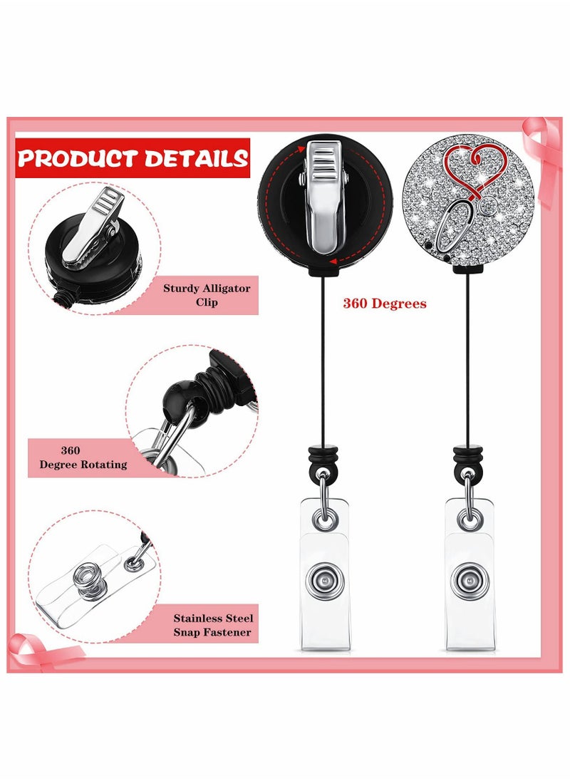 Y&D Nurse Badge Reel, 3 Pieces Retractable Holder with Swivel Alligator Clip Bling Rhinestone ID for Doctor Teachers Students Stethoscope (Silver)  - Image 3