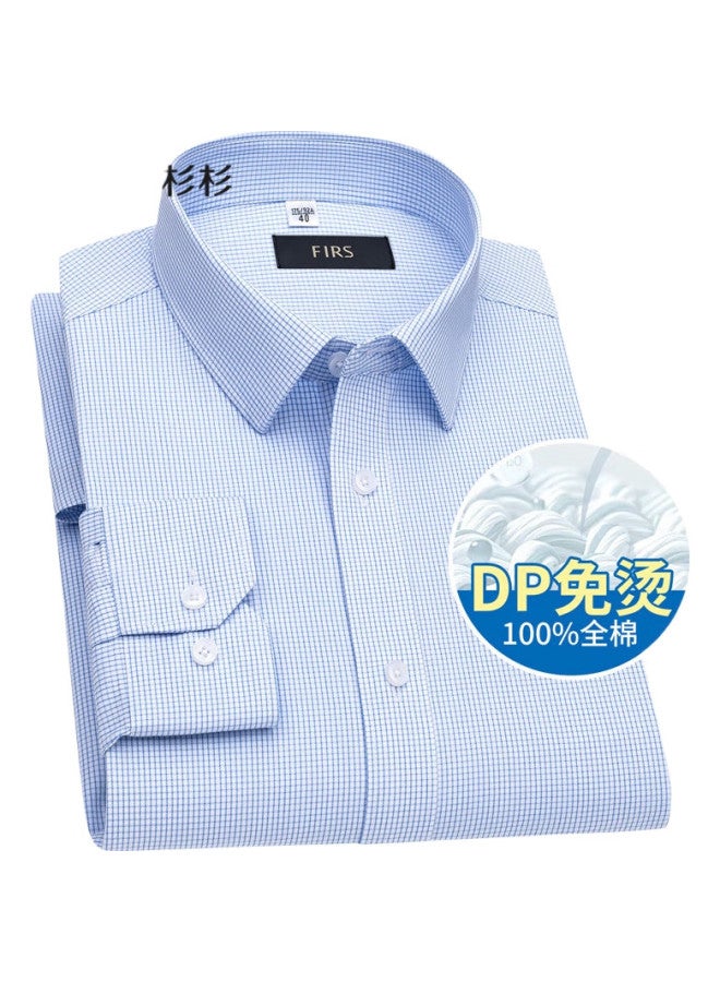 FIRS Men'S Dp Wrinkle-Free Long Sleeve Cotton Striped Shirt For Spring And Autumn Business Formal Wear, Pure Cotton, Blue Plaid, Size 43 - Image 1