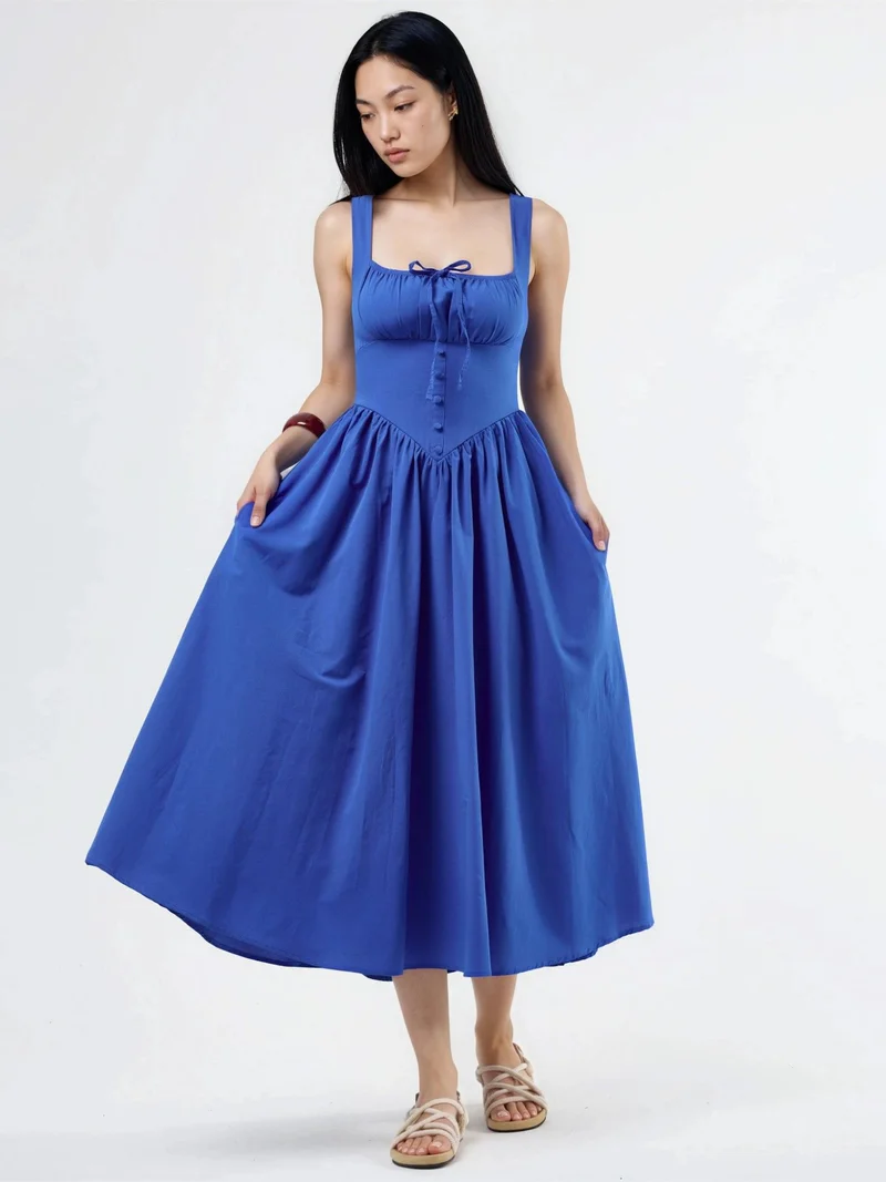 Busem BUSEM Midi Dress with Square Collar and Button Detail