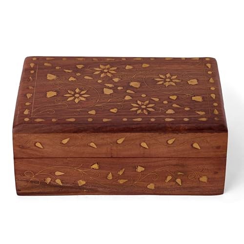 GURU JEE Gorgeous Wooden Keepsake Jewellery Trinket Storage Box Organiser With Floral Brass Inlay Gifts - Image 2