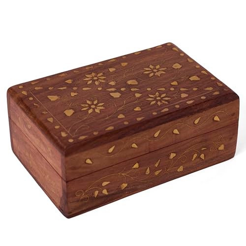 GURU JEE Gorgeous Wooden Keepsake Jewellery Trinket Storage Box Organiser With Floral Brass Inlay Gifts - Image 1