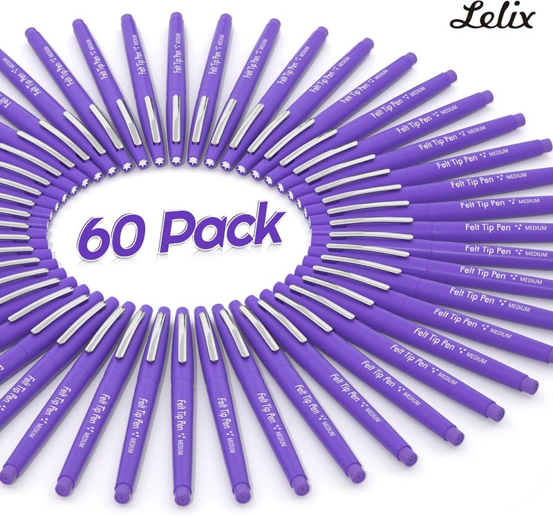 Lelix Felt Tip Pens, 60 Purple Pens, 0.7mm Medium Point, Felt Tip Markers Pens for Journaling, Writing, Note Taking, Planner, Perfect for Art Office and School Supplies - Image 2