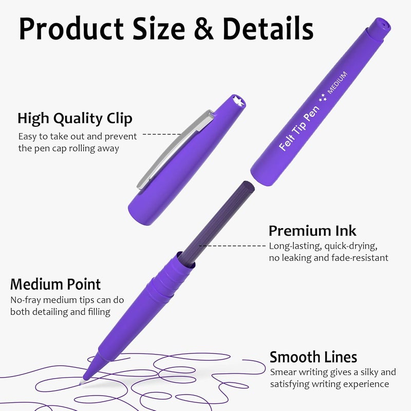 Lelix Felt Tip Pens, 60 Purple Pens, 0.7mm Medium Point, Felt Tip Markers Pens for Journaling, Writing, Note Taking, Planner, Perfect for Art Office and School Supplies - Image 3