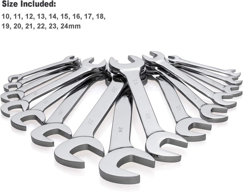 EFFICERE 15-Piece Premium Angle Head Open End Wrench Set, Chrome Vanadium Steel, Mirror Chrome Finish | Include Metric Sizes 10, 11, 12, 13, 14, 15, 16, 17, 18, 19, 20, 21, 22, 23, 24mm with Storage Rack - Image 3