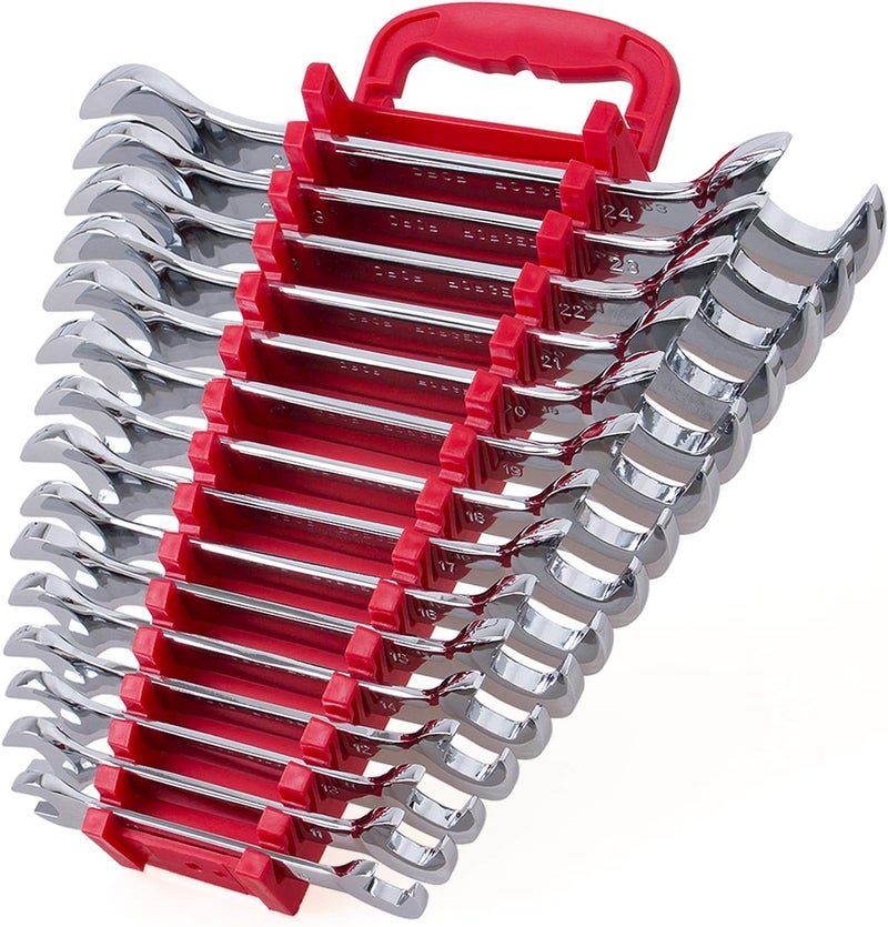 EFFICERE 15-Piece Premium Angle Head Open End Wrench Set, Chrome Vanadium Steel, Mirror Chrome Finish | Include Metric Sizes 10, 11, 12, 13, 14, 15, 16, 17, 18, 19, 20, 21, 22, 23, 24mm with Storage Rack - Image 1