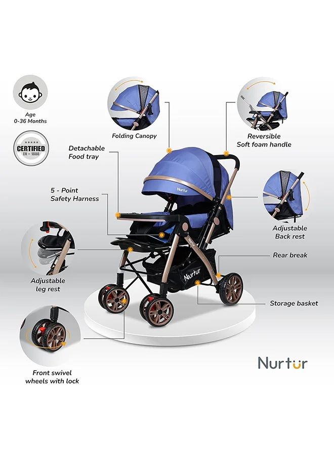 Nurtur Wilder Baby/Kids Travel Stroller 0 3 Years, Storage Basket, Detachable Food Tray, 5 Point Safety Harness, Adjustable Backrest, Reversible Handle