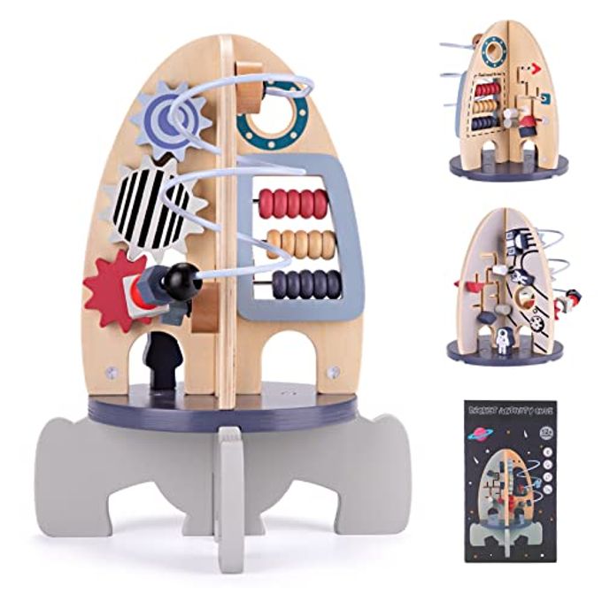Wdmiya Space Wooden Activity Cube Toys for Baby, Montessoritoys for 1 Year Old Boy & Girl Birthday Gifts, Sensory and Educational 1st Birthday Gifts, Busy Board Toys for Baby Boy 6-18 Months (Rocket) - Image 1