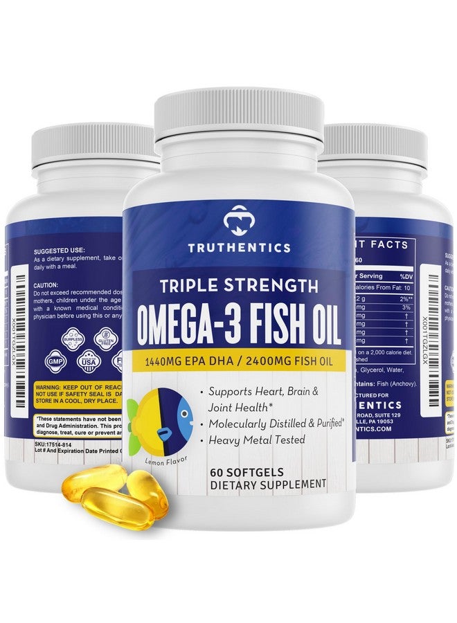 تروثيناتكس زيت السمك أوميجا 3 من TRUTHENTICS - 2400 مجم - قوة ثلاثية، أحماض أوميغا 3 الدهنية عالية من EPA وDHA للرجال والنساء - مكمل غذائي بنكهة الليمون خالٍ من التجشؤ - 60 كبسولة هلامية - Image 1