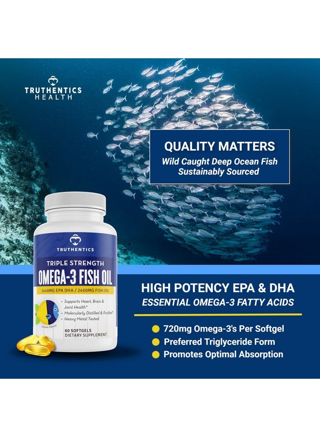 تروثيناتكس زيت السمك أوميجا 3 من TRUTHENTICS - 2400 مجم - قوة ثلاثية، أحماض أوميغا 3 الدهنية عالية من EPA وDHA للرجال والنساء - مكمل غذائي بنكهة الليمون خالٍ من التجشؤ - 60 كبسولة هلامية - Image 3