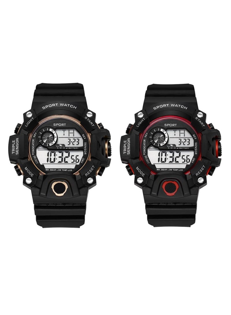 SPORT 2 PCS Outdoor Multifunctional Watch with Night Light Alarm and Sports Features (Red, Gold) - Image 1