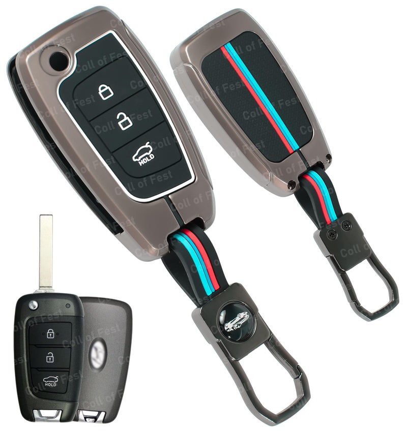 Coll of Fest® Metal Silicon Key Cover Compatible for Hyundai Verna 2024 2023 | i20 N line N6 Car 3 Button Flip Smart Key Metal and Silicon Protection Special Feature Visible in Low-Light Conditions - Image 1