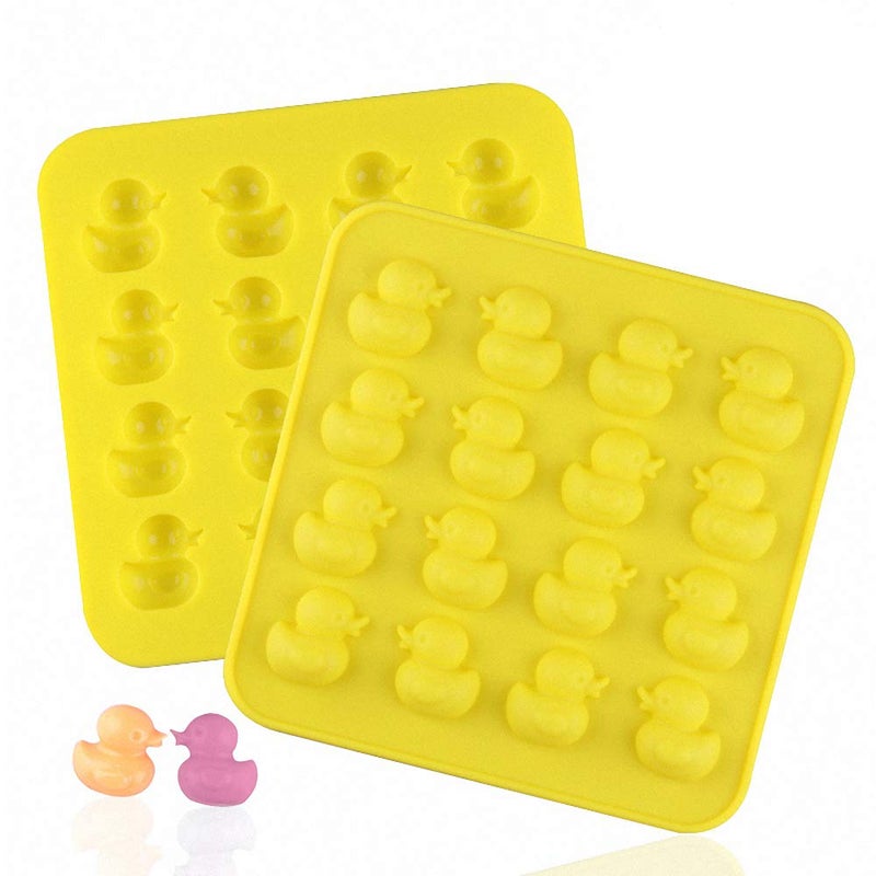 2Pcs 16 Cavities Rubber Duck Candy Molds Yellow Duck Silicone Chocolate Fondant Mold for Cupcake Decoration Gummy Fat Bomb Crayon Melt Mini Soap Ice Cube Trays Random Color
