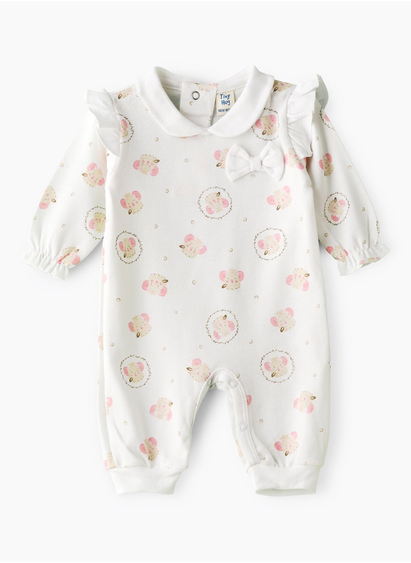 Tiny Hug - Baby Girl White Mice Ruffled Coverall - Image 1