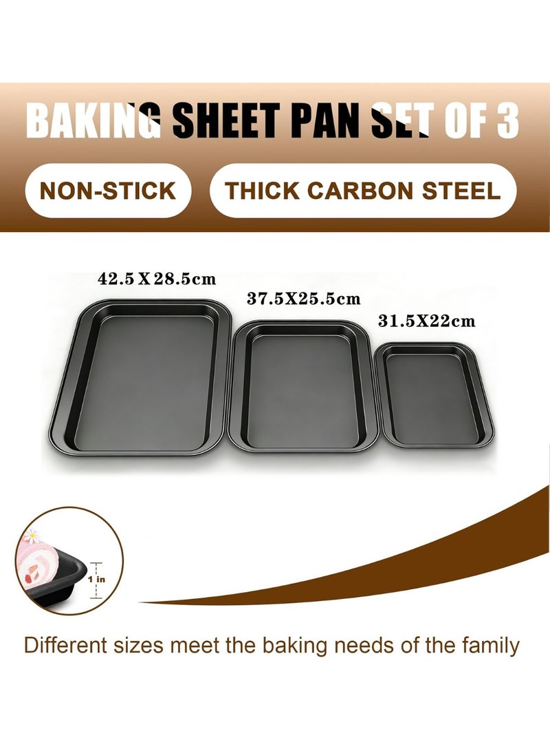 3-Piece Carbon Steel Baking Sheet Pan Set, Non-Stick Oven Baking Trays , Heavy Duty Non-Toxic Bakeware, Easy Clean Cookie Sheets for Kitchen Ovens, Ideal for Baking Cookies, Brownies, Pizza, Roasting Vegetables - Image 2