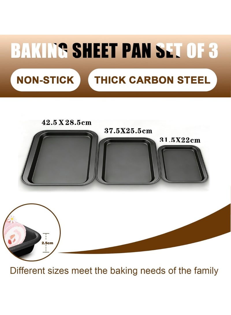 مجموعة من 3 صواني خبز من الفولاذ الكربوني، صواني خبز مقاومة للالتصاق، أدوات خبز متينة من الفولاذ الكربوني وخالية من المواد السامة، صواني بسكويت سهلة التنظيف لأفران المطبخ، مثالية لخبز البسكويت والبراونيز والبيتزا وشوي الخضار والمزيد - Image 2