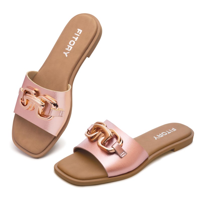 FITORY Women's Flat Sandals Fashion Slides With Soft Leather Slippers for Summer Rose Gold Size 8 - Image 1