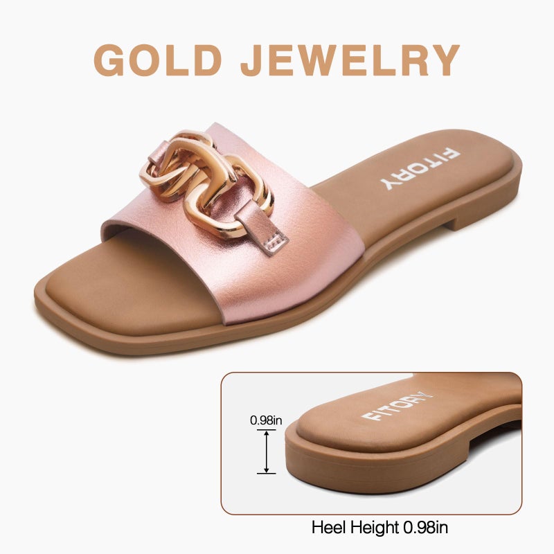 FITORY Women's Flat Sandals Fashion Slides With Soft Leather Slippers for Summer Rose Gold Size 8 - Image 3