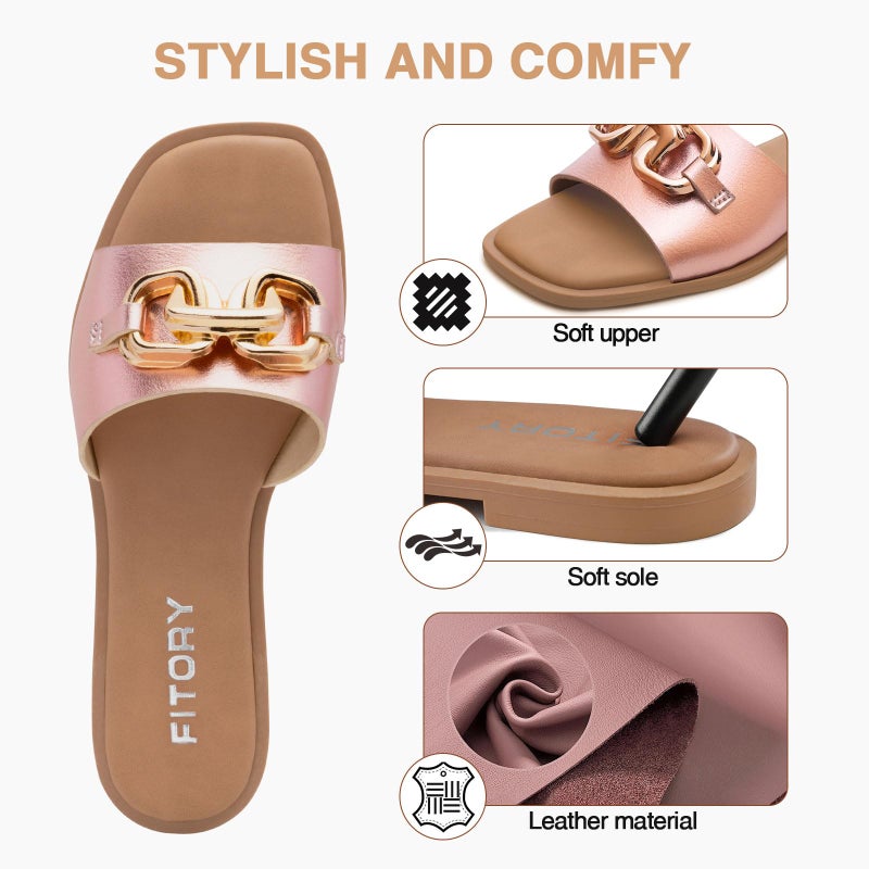 FITORY Women's Flat Sandals Fashion Slides With Soft Leather Slippers for Summer Rose Gold Size 8 - Image 2
