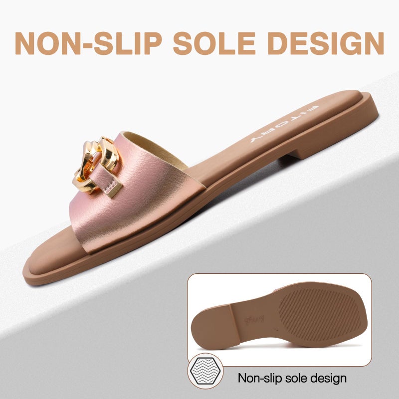 FITORY Women's Flat Sandals Fashion Slides With Soft Leather Slippers for Summer Rose Gold Size 8 - Image 4