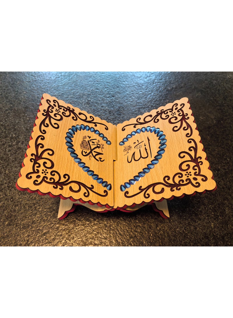 Fianser Decorative Wooden Quran Stand with Blue Faux Gemstone Accents – Intricate Carved Rehal Book Rest – Portable X-Shape Holder for Muslim Home Decor - Image 3