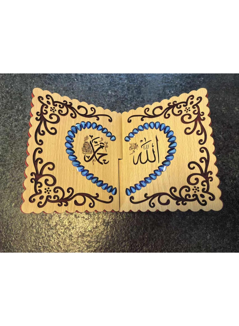 Fianser Decorative Wooden Quran Stand with Blue Faux Gemstone Accents – Intricate Carved Rehal Book Rest – Portable X-Shape Holder for Muslim Home Decor - Image 2