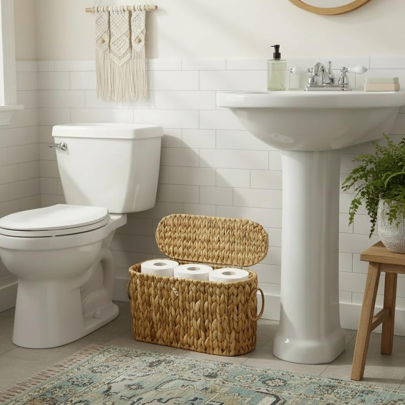 Coeusy Toilet Paper Basket with Lid,Wicker Basket for Bathroom Organizers and Storage,Holds Up to 6 Mega Rolls, Decorative Hand-Woven Rattan Bathroom Decor Accessories,Natural Water Hyacinth - Image 2