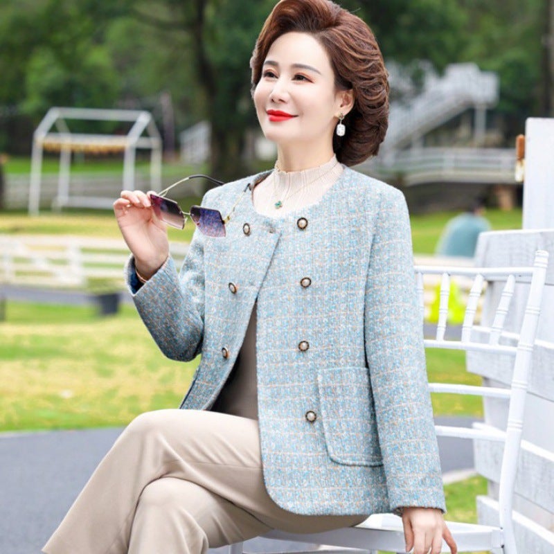 Foreign-style Mother Dress Small Chanel Style Large Size Woolen Jacket Middle-aged Womens Clothing Spring and Autumn Retro Short Suit Woolen Top Blue