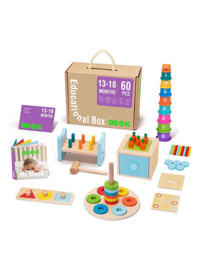 TOOKYLAND Montessori Toys for 1 2 3 Year Old, 8 in 1 Learning Educational Set Wooden Toys (Includes Stacking Cups, 3 in 1 Educational Box, Pound Bench, Shape Puzzle and More)… - Image 1