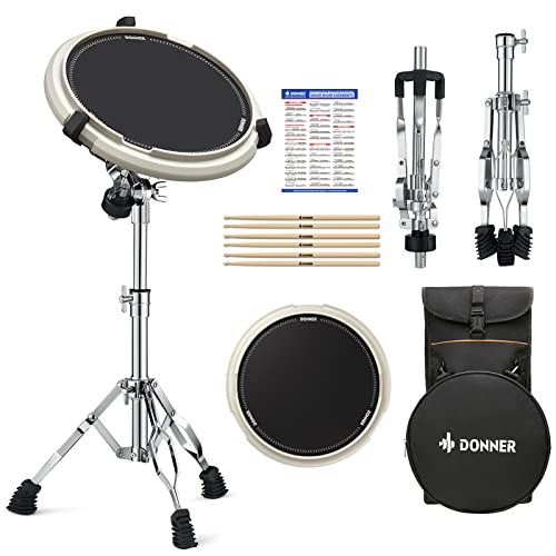 Donner Drum Practice Pad & Stand Kit with 12'' Silent Marching Pad, Drumsticks, Backpack - Adjustable Fits 10''-14'' Drums (White) - Image 1