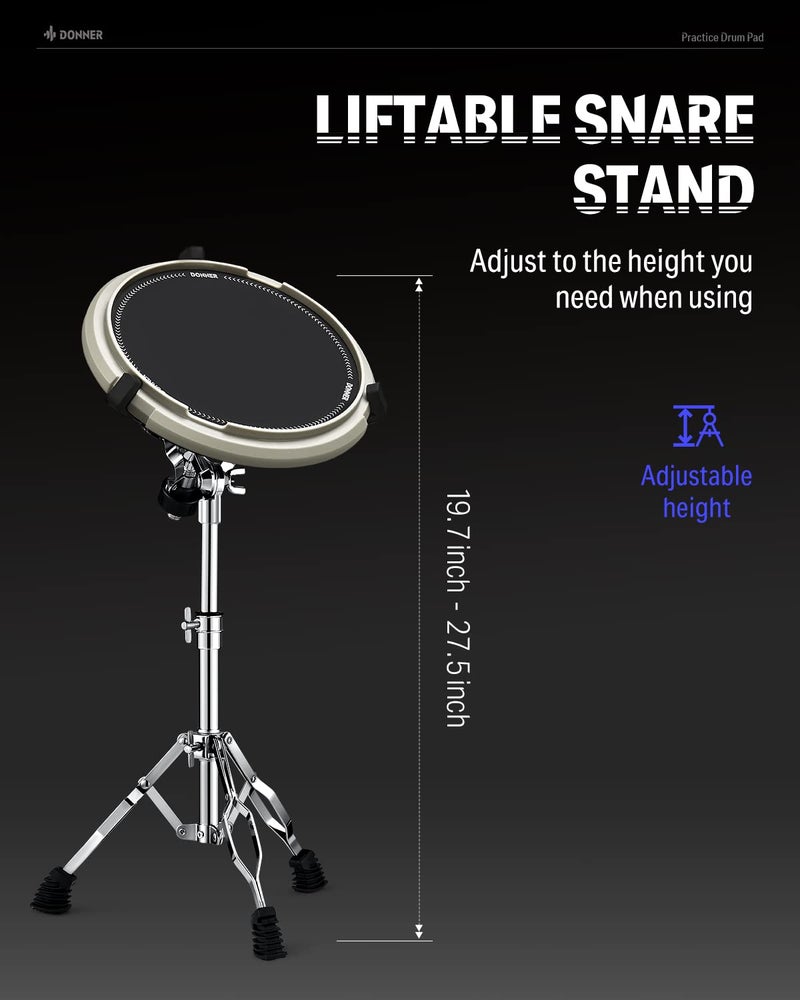 Donner Drum Practice Pad & Stand Kit with 12'' Silent Marching Pad, Drumsticks, Backpack - Adjustable Fits 10''-14'' Drums (White) - Image 5