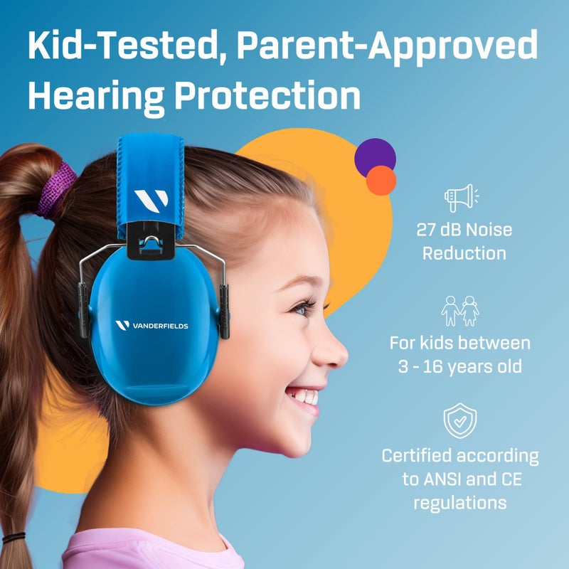 Vanderfields Premium Hearing Protection Ear Muffs - Broad Spectrum Sound Reduction 34.4dB at 2K Hz Noise Cancelling - Headset Safety Noise Cancellation - Headphones Kids 3-12 - Blue - Image 2