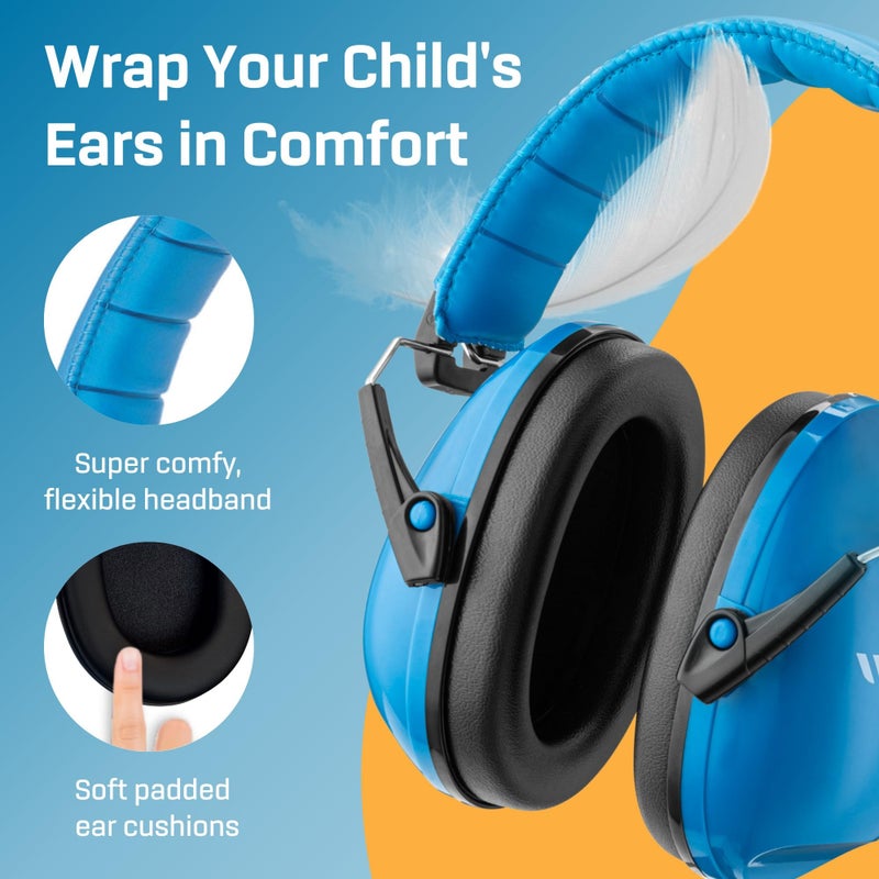Vanderfields Premium Hearing Protection Ear Muffs - Broad Spectrum Sound Reduction 34.4dB at 2K Hz Noise Cancelling - Headset Safety Noise Cancellation - Headphones Kids 3-12 - Blue - Image 4