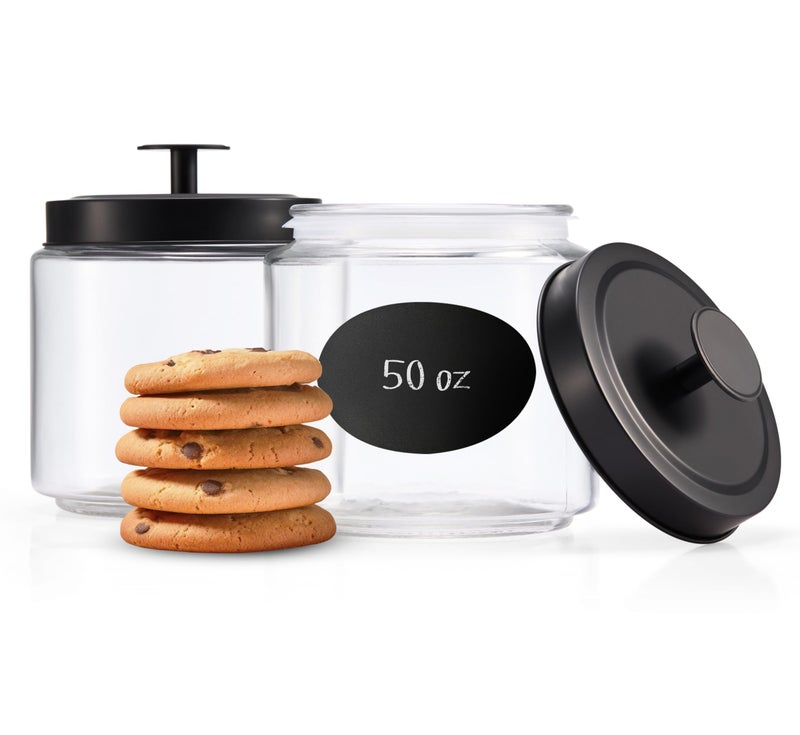 KooK Glass Kitchen Canister Set Food Storage Containers for Pantry Bathroom Apothecary Jars Tinplate tight Lids Counter Organizers 50 oz Black Set of 2