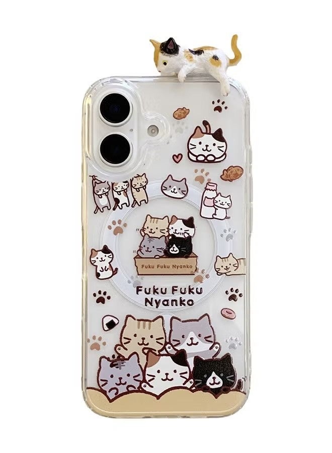 Magnetic Case for iPhone 16, Cute Cat Cartoon Pattern 3D Cat Doll Phone Case, Slim Case Compatible with iPhone 16, TPU+PC Material Anti-Scratch Shockproof Protective Phone Fashion Cover Women Girls - Image 1