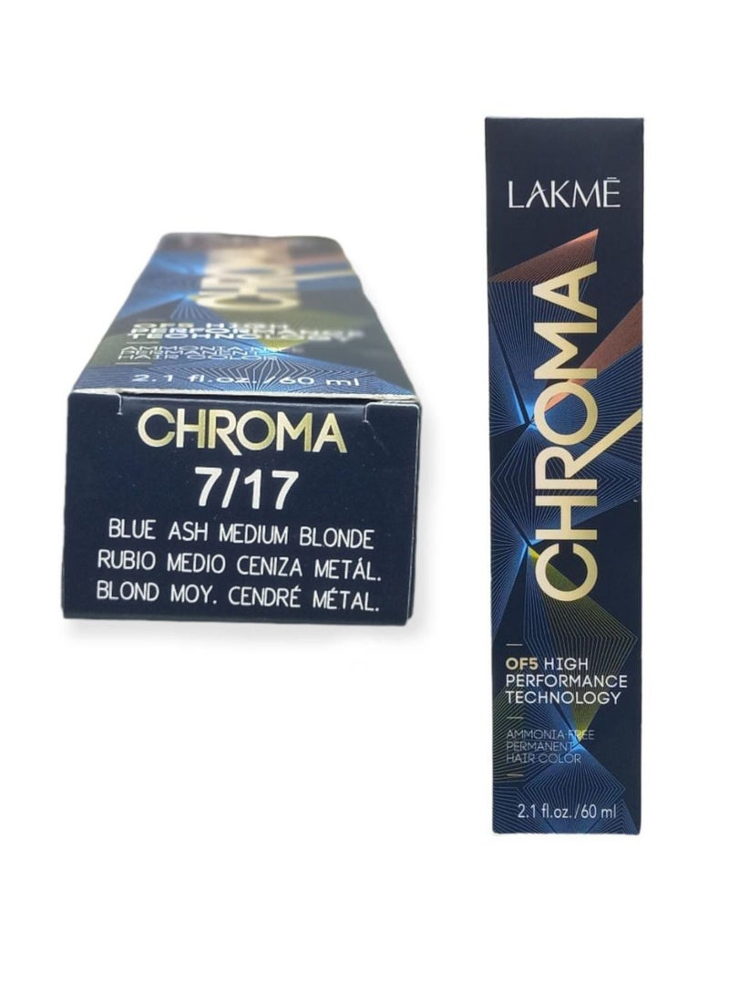 LAKME Permanent Hair Dye No Ammonia Chroma 7/17 Blue Ash Medium Blonde 60ml - Image 1